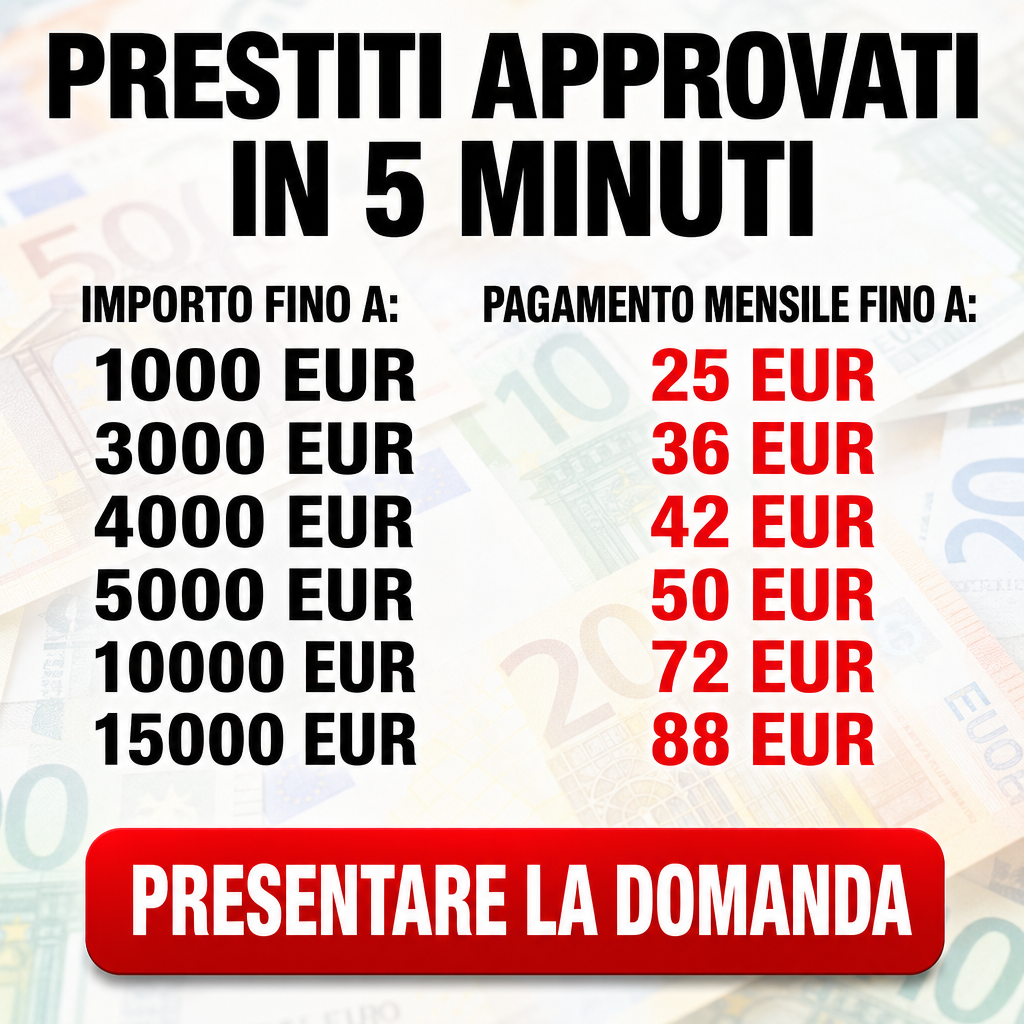 Crie uma arte publicitária quadrada para redes sociais sobre empréstimos rápidos. Use como fundo uma imagem desfocada e clara de cédulas de euro, com uma camada branca translúcida por cima para melhorar a leitura. No topo, centralize o título “PRESTITI APPROVATI IN 5 MINUTI” em letras pretas, maiúsculas, muito grandes e em negrito. Abaixo, organize o conteúdo em duas colunas. Na coluna esquerda, coloque o cabeçalho “IMPORTO FINO A:” e a lista: “1000 EUR”, “3000 EUR”, “4000 EUR”, “5000 EUR”, “7000 EUR”, “10000 EUR”, “15000 EUR”. Na coluna direita, coloque o cabeçalho “PAGAMENTO MENSILE FINO A:” e a lista em vermelho: “25 EUR”, “36 EUR”, “42 EUR”, “50 EUR”, “56 EUR”, “72 EUR”, “88 EUR”. Use tipografia sans-serif forte, layout alinhado e limpo. Na parte inferior, adicione um botão vermelho arredondado com o texto “PRESENTARE LA DOMANDA” em branco, maiúsculo e negrito. Estilo promocional, direto, alto contraste e aparência de anúncio financeiro digital.
