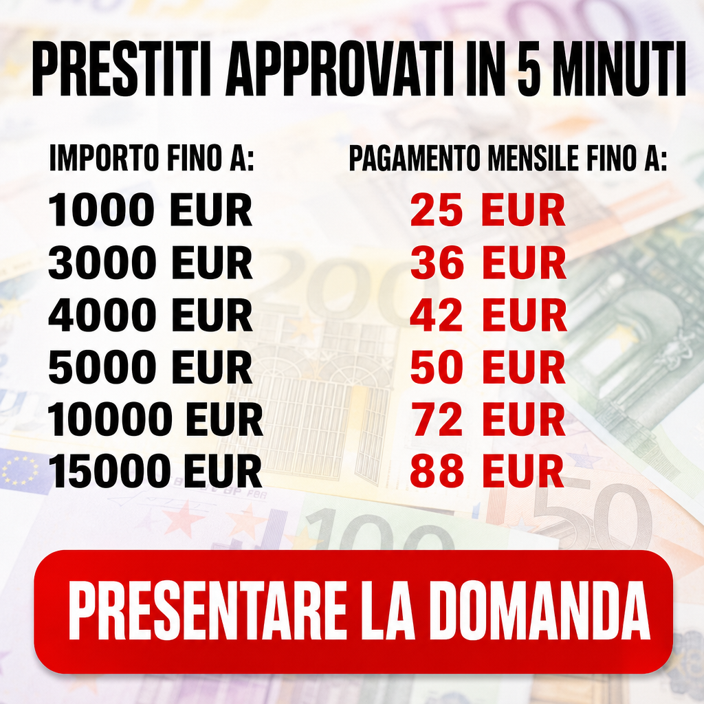 Crie uma arte publicitária quadrada para redes sociais sobre empréstimos rápidos. Use como fundo uma imagem desfocada e clara de cédulas de euro, com uma camada branca translúcida por cima para melhorar a leitura. No topo, centralize o título “PRESTITI APPROVATI IN 5 MINUTI” em letras pretas, maiúsculas, muito grandes e em negrito. Abaixo, organize o conteúdo em duas colunas. Na coluna esquerda, coloque o cabeçalho “IMPORTO FINO A:” e a lista: “1000 EUR”, “3000 EUR”, “4000 EUR”, “5000 EUR”, “7000 EUR”, “10000 EUR”, “15000 EUR”. Na coluna direita, coloque o cabeçalho “PAGAMENTO MENSILE FINO A:” e a lista em vermelho: “25 EUR”, “36 EUR”, “42 EUR”, “50 EUR”, “56 EUR”, “72 EUR”, “88 EUR”. Use tipografia sans-serif forte, layout alinhado e limpo. Na parte inferior, adicione um botão vermelho arredondado com o texto “PRESENTARE LA DOMANDA” em branco, maiúsculo e negrito. Estilo promocional, direto, alto contraste e aparência de anúncio financeiro digital.