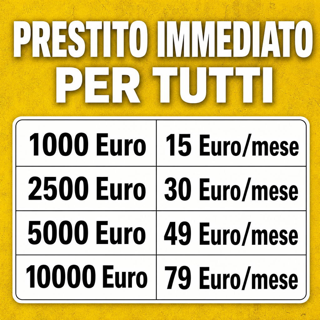 Crie uma arte publicitária quadrada para redes sociais, com fundo amarelo texturizado e visual de anúncio promocional. No topo, coloque em letras grandes, brancas e em negrito o texto “PRESTITO IMMEDIATO PER TUTTI”. Abaixo, centralize uma tabela branca com cantos arredondados, dividida em duas colunas e quatro linhas. Na coluna da esquerda, valores do empréstimo: “1000 Euro”, “2500 Euro”, “5000 Euro”, “10000 Euro”. Na coluna da direita, parcelas mensais: “15 Euro/mese”, “30 Euro/mese”, “49 Euro/mese”, “79 Euro/mese”. Use tipografia sans-serif grossa, alto contraste, layout simples, estilo panfleto digital, iluminação uniforme e aparência limpa.