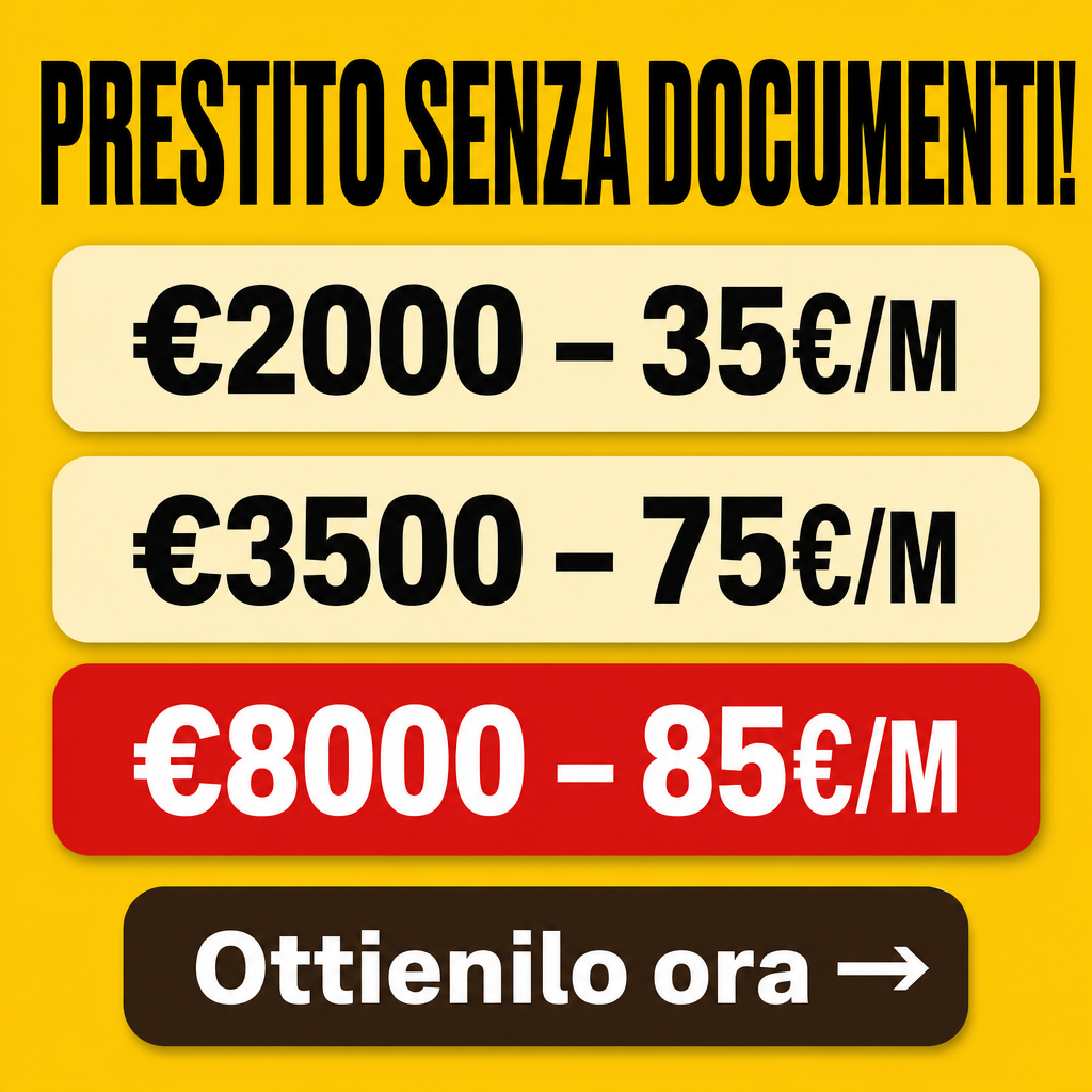 Crie uma arte publicitária quadrada para redes sociais sobre empréstimo, com fundo amarelo mostarda sólido. No topo, centralize o título “PRESTITO SENZA DOCUMENTI!” em letras pretas, maiúsculas, grandes e bem grossas, com tipografia sans-serif condensada. Abaixo, disponha três faixas horizontais retangulares com cantos levemente arredondados e sombra suave. As duas primeiras faixas devem ser bege claro, com os textos em preto: “€2000 – 35€/M” e “€3500 – 75€/M”. A terceira faixa deve ser vermelha, com o texto em branco: “€8000 – 85€/M”. Na parte inferior, adicione um botão marrom-escuro com cantos arredondados, contendo o texto “Ottienilo ora →” em branco, em negrito. Layout centralizado, estilo limpo, promocional, direto, com alto contraste e aparência de anúncio financeiro digital.