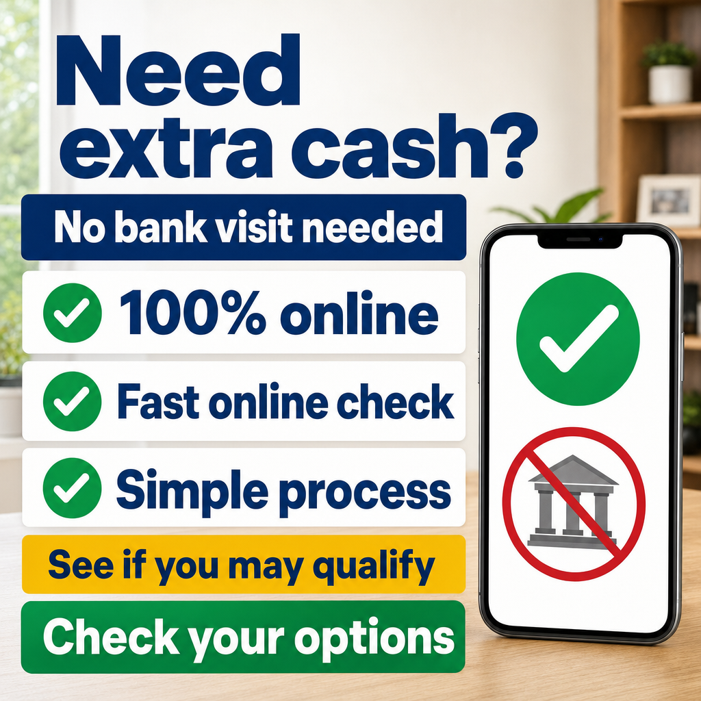 Need extra cash without visiting a bank?  100% Online , Fast online check, Simple process, See if you may qualify,  Check your options