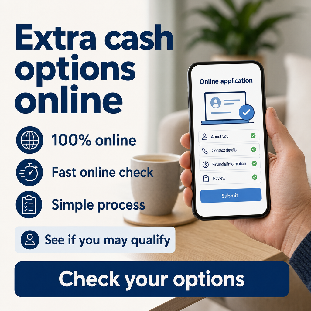 Need extra cash without visiting a bank?  100% Online , Fast online check, Simple process, See if you may qualify,  Check your options