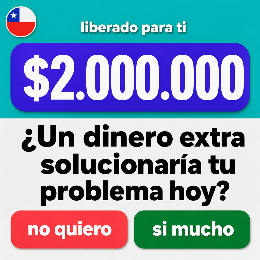 Crie uma arte publicitária quadrada em estilo clean e chamativo, com layout semelhante a um anúncio de crédito em espanhol. Use fundo dividido em duas áreas: a parte superior em verde-azulado suave e a parte inferior em cinza bem claro. No canto superior esquerdo, adicione um ícone circular com a bandeira do Chile. No topo, centralize o texto “liberado para ti” em branco, minúsculo, negrito, com sombra discreta. Logo abaixo, coloque um grande retângulo com cantos extremamente arredondados em azul-violeta, contendo o valor “$2.000.000” em branco, muito grande e em negrito. No centro da arte, adicione a frase “¿Un dinero extra solucionaría tu problema hoy?” em preto, grande, muito forte e centralizada em várias linhas. Na parte inferior, crie dois botões grandes com cantos arredondados: o da esquerda em vermelho-coral com o texto “no quiero” em branco, e o da direita em verde mais escuro com o texto “si mucho” em branco. Use tipografia sans-serif pesada, alto contraste, visual moderno, promocional e aparência de anúncio digital.