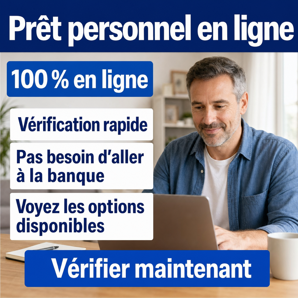 Besoin d’un prêt personnel en ligne?  100 % en ligne,  Vérification rapide, Sans déplacement à la banque, Voyez les options disponibles,  Vérifier maintenant