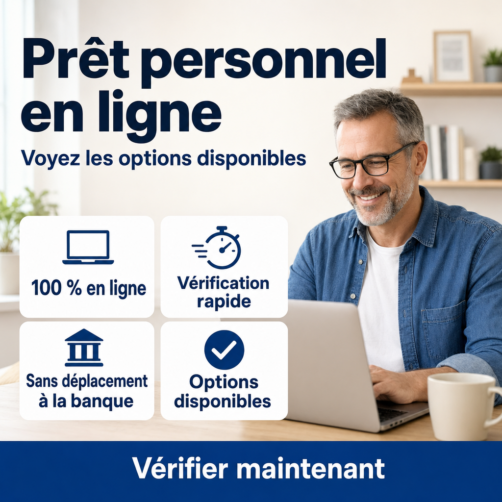 Besoin d’un prêt personnel en ligne?  100 % en ligne,  Vérification rapide, Sans déplacement à la banque, Voyez les options disponibles,  Vérifier maintenant