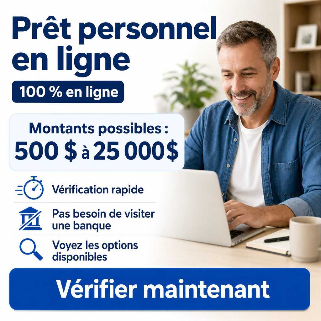 Besoin d’un prêt personnel en ligne?  100 % en ligne,  Vérification rapide, Sans déplacement à la banque, Voyez les options disponibles,  Vérifier maintenant