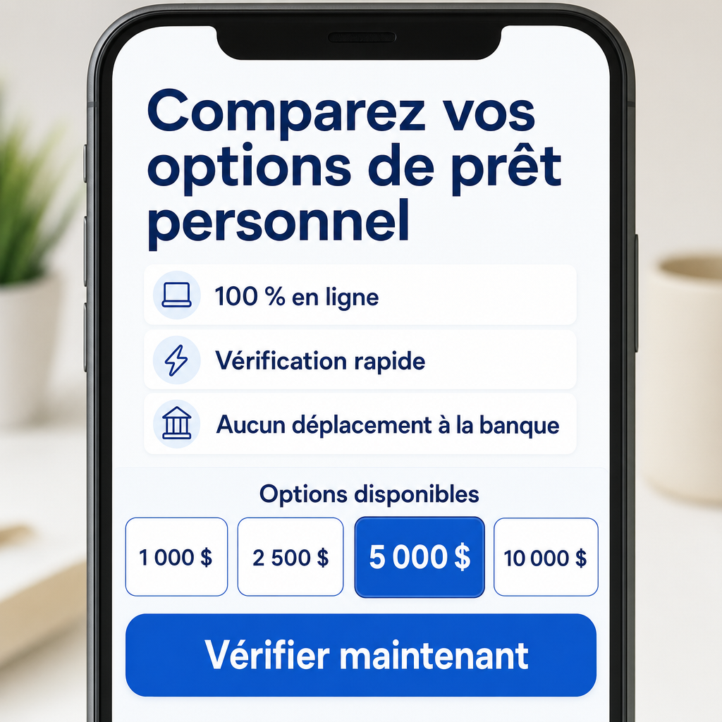Besoin d’un prêt personnel en ligne?  100 % en ligne,  Vérification rapide, Sans déplacement à la banque, Voyez les options disponibles,  Vérifier maintenant