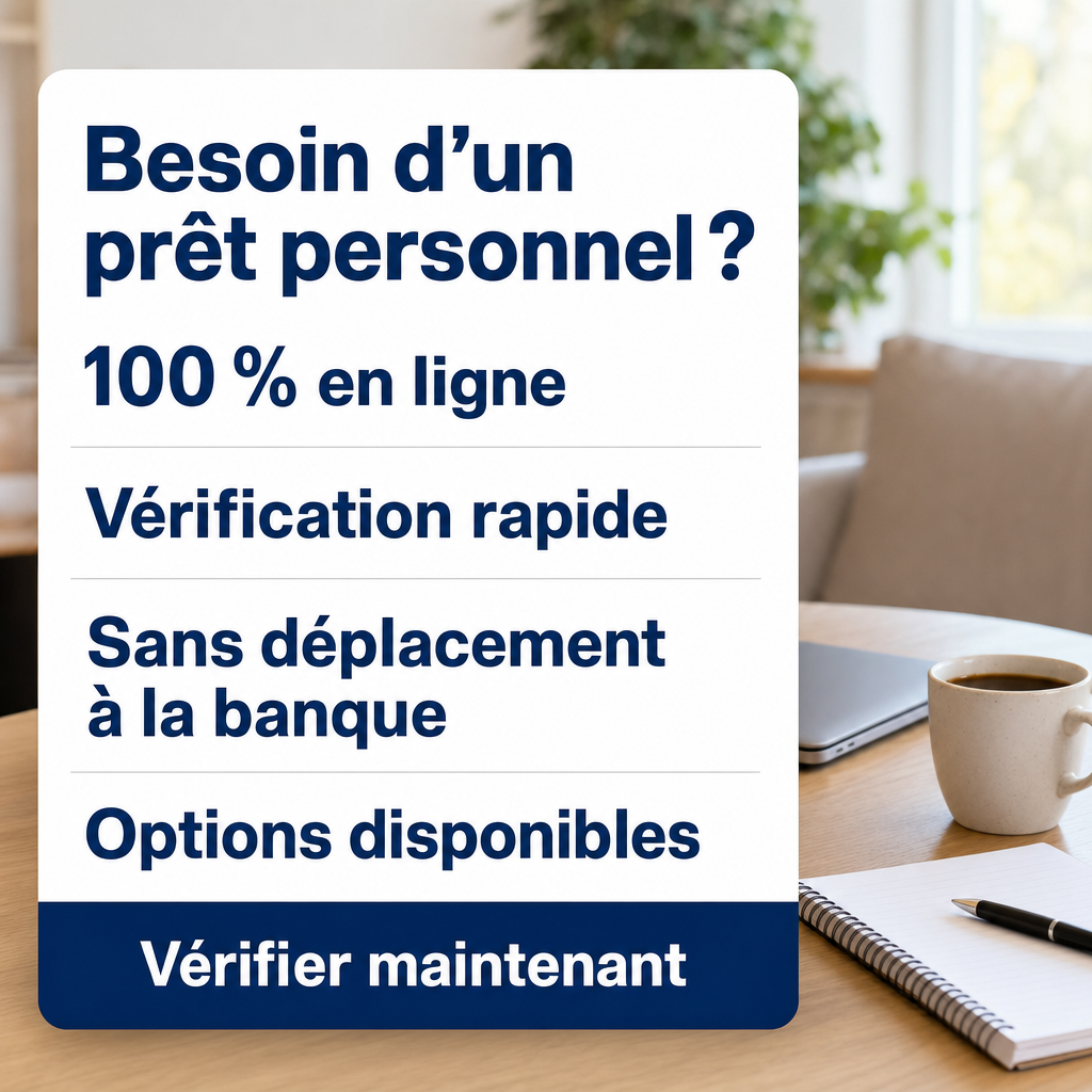Besoin d’un prêt personnel en ligne?  100 % en ligne,  Vérification rapide, Sans déplacement à la banque, Voyez les options disponibles,  Vérifier maintenant