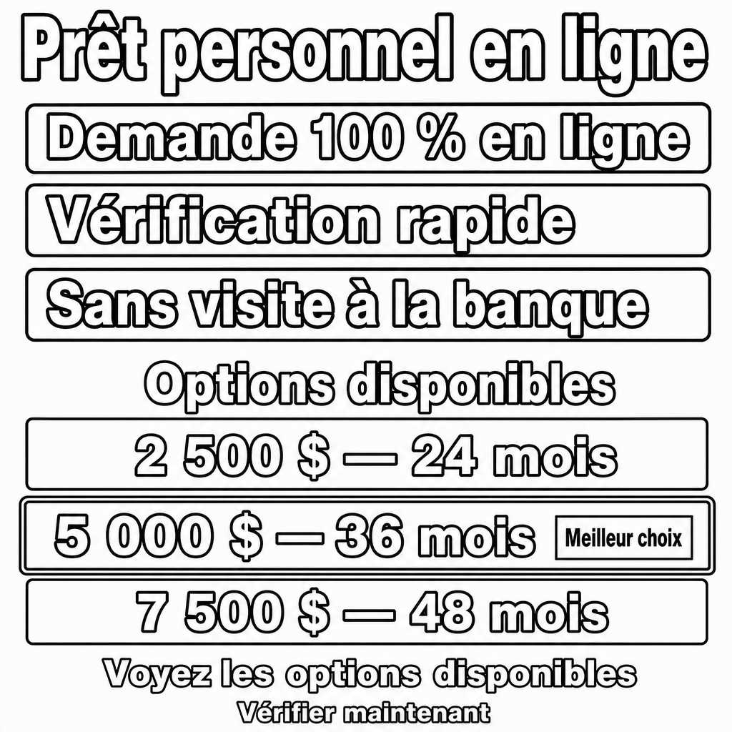 Besoin d’un prêt personnel en ligne?  100 % en ligne,  Vérification rapide, Sans déplacement à la banque, Voyez les options disponibles,  Vérifier maintenant