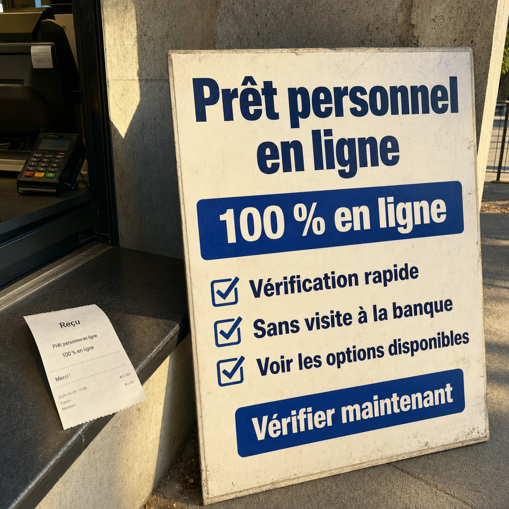 Besoin d’un prêt personnel en ligne?  100 % en ligne,  Vérification rapide, Sans déplacement à la banque, Voyez les options disponibles,  Vérifier maintenant