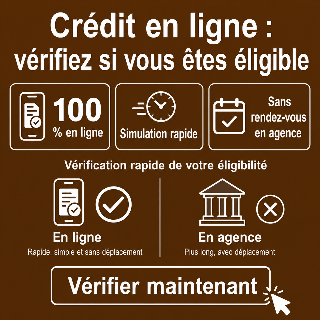 Besoin d’un crédit en ligne sans vous déplacer ?  100 % en ligne, Simulation rapide, Sans rendez-vous en agence, Vérifiez votre éligibilité, Vérifier maintenant