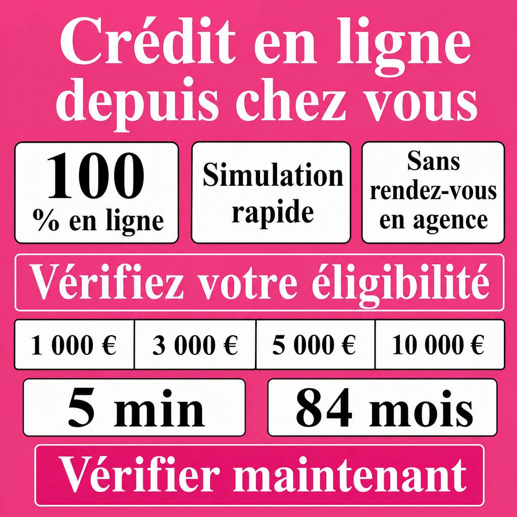 Besoin d’un crédit en ligne sans vous déplacer ?  100 % en ligne, Simulation rapide, Sans rendez-vous en agence, Vérifiez votre éligibilité, Vérifier maintenant