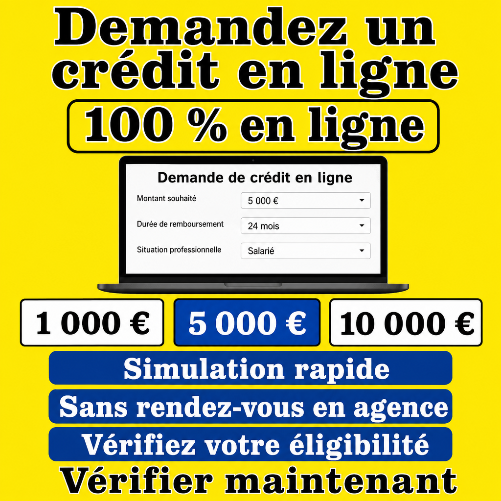 Besoin d’un crédit en ligne sans vous déplacer ?  100 % en ligne, Simulation rapide, Sans rendez-vous en agence, Vérifiez votre éligibilité, Vérifier maintenant