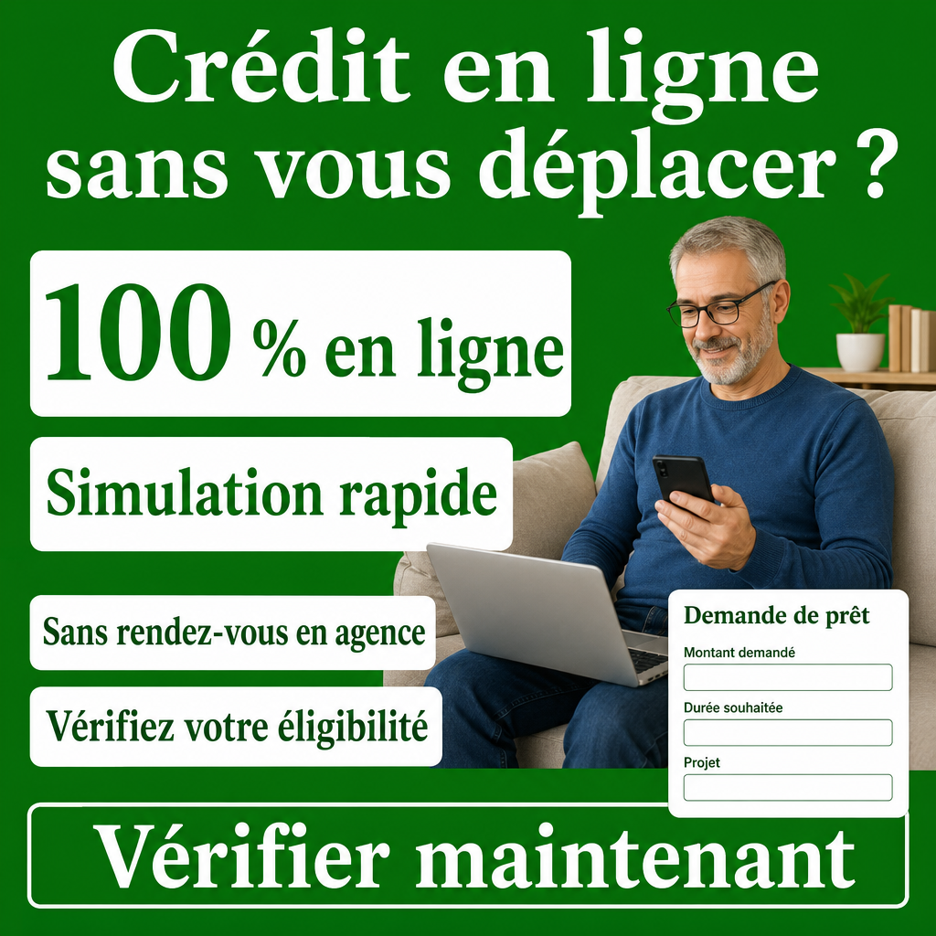 Besoin d’un crédit en ligne sans vous déplacer ?  100 % en ligne, Simulation rapide, Sans rendez-vous en agence, Vérifiez votre éligibilité, Vérifier maintenant
