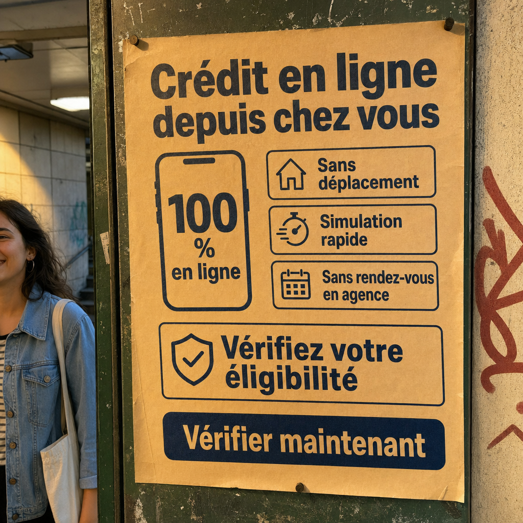 Besoin d’un crédit en ligne sans vous déplacer ?  100 % en ligne, Simulation rapide, Sans rendez-vous en agence, Vérifiez votre éligibilité, Vérifier maintenant