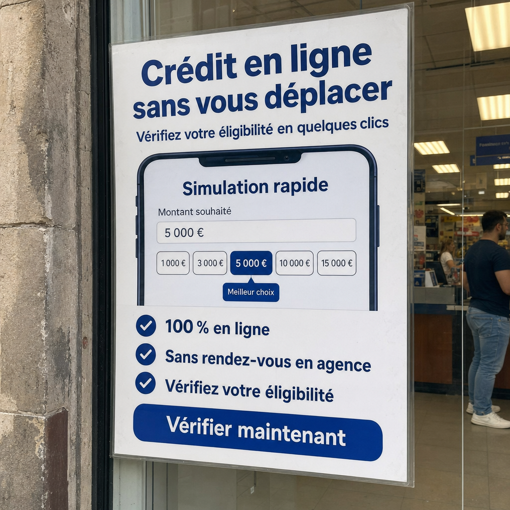 Besoin d’un crédit en ligne sans vous déplacer ?  100 % en ligne, Simulation rapide, Sans rendez-vous en agence, Vérifiez votre éligibilité, Vérifier maintenant
