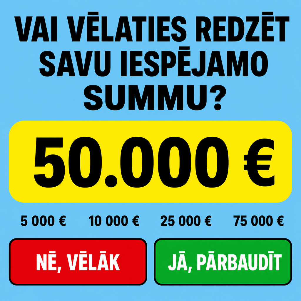 Crie uma arte publicitária quadrada para redes sociais, com fundo azul claro sólido. No topo, centralize o texto “VAI VĒLATIES REDZĒT SAVU IESPĒJAMO SUMMU?” em letras pretas, maiúsculas, negrito, usando tipografia sans-serif pesada. No centro, adicione um grande retângulo amarelo com cantos bem arredondados, contendo o valor “50.000 €” em preto, muito grande e em negrito. Na parte inferior, coloque dois botões horizontais com cantos arredondados e contorno preto: o botão da esquerda em vermelho com o texto “NĒ, VĒLĀK” em branco; o botão da direita em verde com o texto “JĀ, PĀRBAUDĪT” em branco. Use layout simples, centralizado, alto contraste, estilo anúncio digital financeiro, limpo e chamativo.