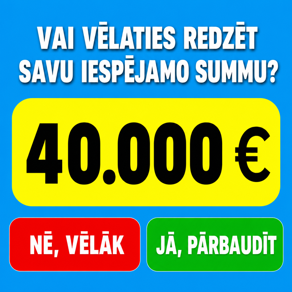 Crie uma arte publicitária quadrada para redes sociais, com fundo azul-turquesa vibrante. No topo, centralize o texto “VAI VĒLATIES REDZĒT SAVU IESPĒJAMO SUMMU?” em letras brancas, maiúsculas, negrito, com sombra suave. No centro, adicione um grande retângulo amarelo com cantos bem arredondados, contendo o valor “40.000 €” em preto, muito grande e em negrito. Na parte inferior, coloque dois botões horizontais com cantos arredondados: o botão da esquerda em vermelho vivo com o texto “NĒ, VĒLĀK” em branco; o botão da direita em verde com o texto “JĀ, PĀRBAUDĪT” em branco. Use tipografia sans-serif pesada, layout simples, centralizado, alto contraste, estilo anúncio digital financeiro, limpo e chamativo.