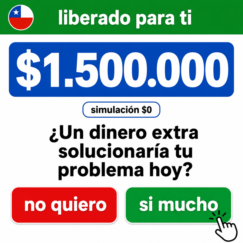 Crie uma arte publicitária quadrada para redes sociais, em espanhol, com layout limpo e chamativo. Use fundo branco com uma faixa verde no topo. No canto superior esquerdo, adicione um pequeno ícone circular com a bandeira do Chile. No topo, centralize o texto “liberado para ti” em branco, minúsculo, negrito. Logo abaixo, coloque um retângulo azul com cantos bem arredondados, contendo o valor “$1.500.000” em branco, muito grande e em negrito. No centro da arte, adicione a frase “¿Un dinero extra solucionaría tu problema hoy?” em preto, grande, negrito e centralizada em três linhas. Na parte inferior, coloque dois botões grandes com cantos arredondados: o botão da esquerda em vermelho com o texto “no quiero” em branco; o botão da direita em verde com o texto “si mucho” em branco. Use tipografia sans-serif pesada, alto contraste, estilo anúncio digital financeiro, simples e direto.