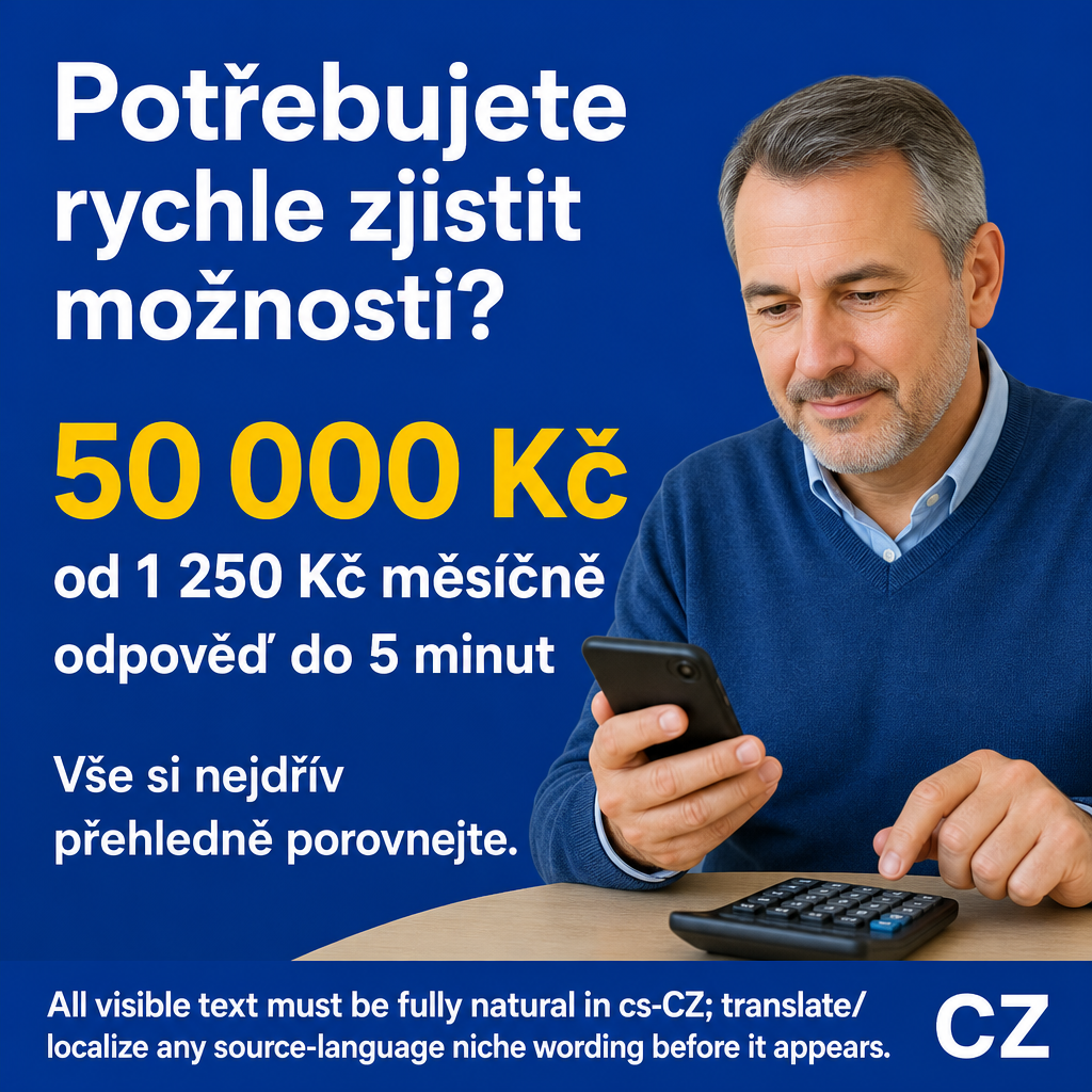 Empréstimo
All visible text must be fully natural in cs-CZ; translate/localize any source-language niche wording before it appears.
Do not copy raw source-language niche, product, or theme words into visible text unless they are already natural in the target language.