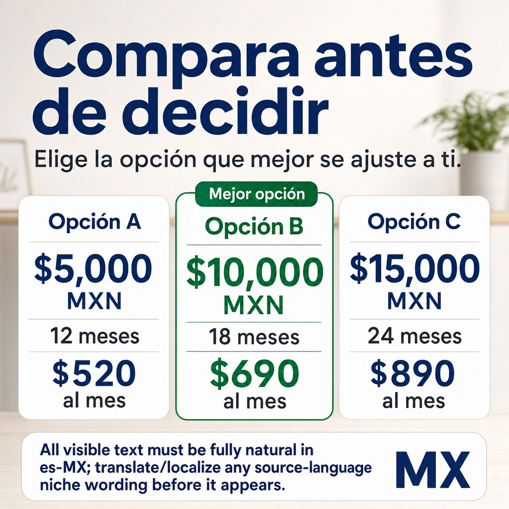 Empréstimo
All visible text must be fully natural in es-MX; translate/localize any source-language niche wording before it appears.
Do not copy raw source-language niche, product, or theme words into visible text unless they are already natural in the target language.
