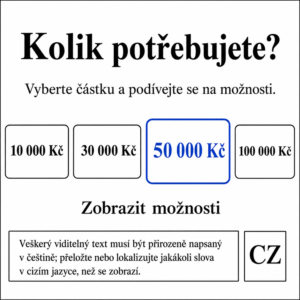 Empréstimo
All visible text must be fully natural in cs-CZ; translate/localize any source-language niche wording before it appears.
Do not copy raw source-language niche, product, or theme words into visible text unless they are already natural in the target language.