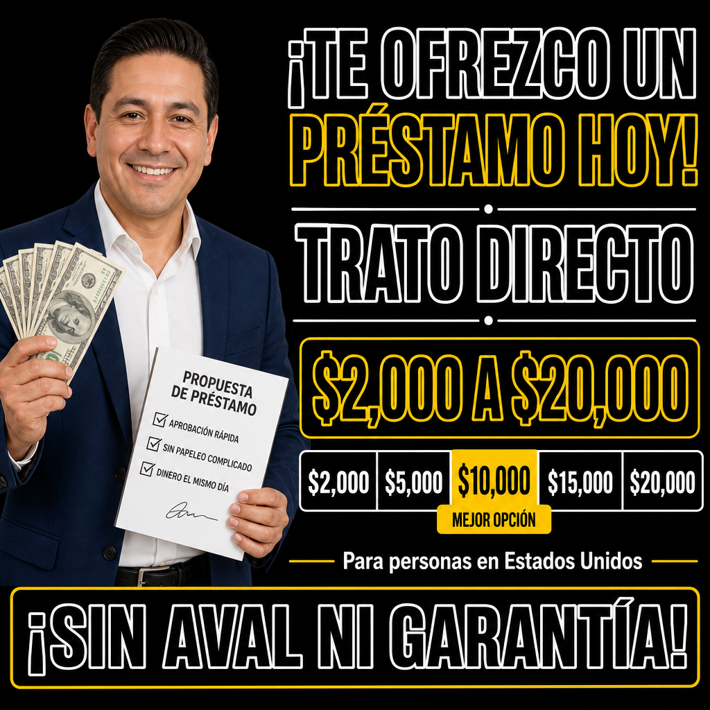 Criar um criativo publicitário quadrado 1080x1080 sobre empréstimos pessoais em espanhol para pessoas nos Estados Unidos. Mostrar um homem sorridente, com aparência profissional e amigável, segurando dinheiro e oferecendo uma proposta de préstamo. Visual chamativo, moderno, com sensação de confiança e rapidez. Incluir espaço grande para texto.  Texto principal: ¡TE OFREZCO UN PRÉSTAMO HOY!  Texto secundário: TRATO DIRECTO  Valor em destaque: $2,000 A $20,000  Rodapé: ¡SIN AVAL NI GARANTÍA!