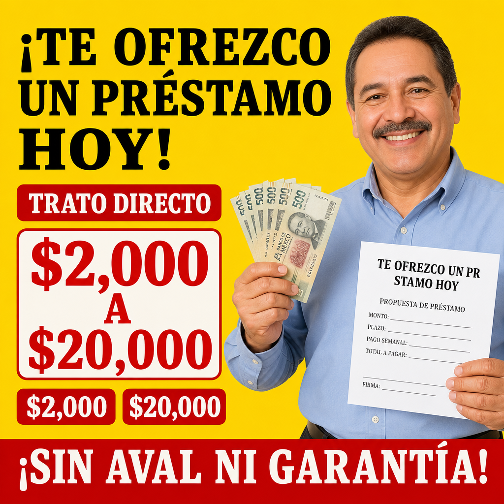 Criar um criativo publicitário quadrado 1080x1080 sobre empréstimos pessoais em espanhol para pessoas nos Estados Unidos. Mostrar um homem sorridente, com aparência profissional e amigável, segurando dinheiro e oferecendo uma proposta de préstamo. Visual chamativo, moderno, com sensação de confiança e rapidez. Incluir espaço grande para texto.  Texto principal: ¡TE OFREZCO UN PRÉSTAMO HOY!  Texto secundário: TRATO DIRECTO  Valor em destaque: $2,000 A $20,000  Rodapé: ¡SIN AVAL NI GARANTÍA!
