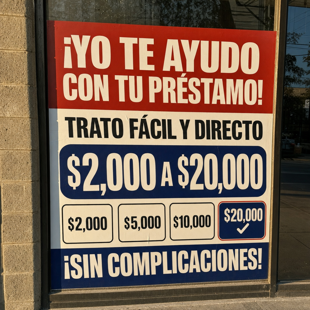 Criar uma imagem quadrada 1080x1080 para anúncio de empréstimo em espanhol voltado para pessoas nos Estados Unidos. Mostrar um  Fundo simples, visual direto, letras grandes e fáceis de ler.  Texto principal: ¡YO TE AYUDO CON TU PRÉSTAMO!  Texto secundário: TRATO FÁCIL Y DIRECTO  Valor em destaque: $2,000 A $20,000  Rodapé: ¡SIN COMPLICACIONES!