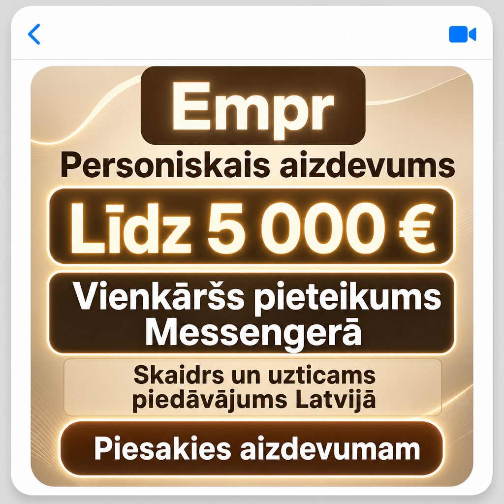 Direct Empréstimo ad creative for Empréstimo. Use this campaign angle: Personiskais aizdevums ar vienkāršu pieteikumu.... Keep the offer promise about Campanha focada em conversao para Empréstimo. Stay strictly about Empréstimo; do not turn it into an adjacent app, education topic, generic tool, or broad category-management message unless the offer explicitly says so. Creative direction: Izveido Messenger reklāmas radošo virzienu latviešu valodā Latvijai, kas virza uz personisko aizdevumu pieteikumu. Galvenais fokuss: skaidrs, uzticams aizdevuma piedāvājums cilvēkiem, kuri vēlas pi...