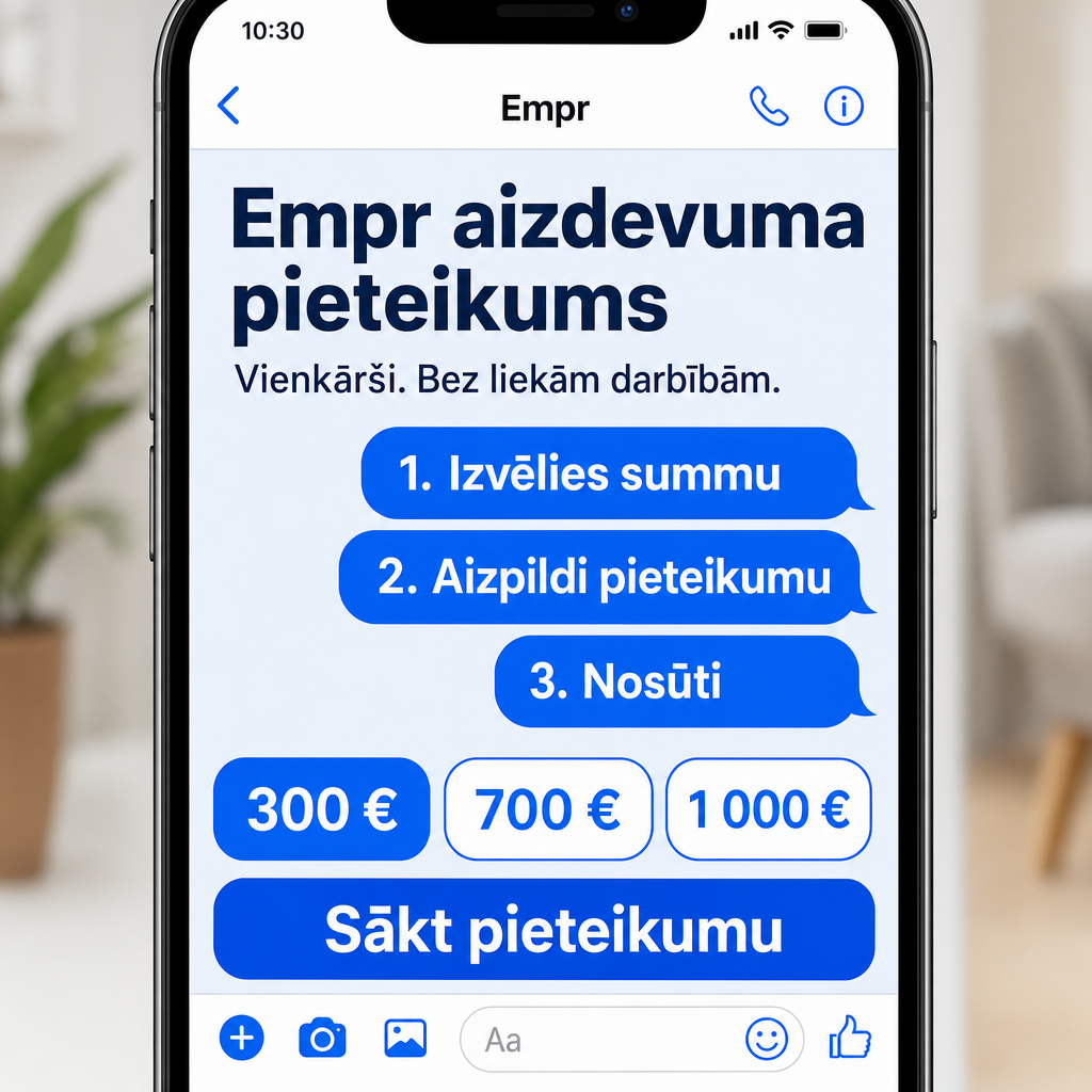 Direct Empréstimo ad creative for Empréstimo. Use this campaign angle: Vienkāršs pieteikums bez liekām darbībām. Keep the offer promise about Campanha focada em conversao para Empréstimo. Stay strictly about Empréstimo; do not turn it into an adjacent app, education topic, generic tool, or broad category-management message unless the offer explicitly says so. Creative direction: Veido Messenger reklāmas radošo virzienu latviešu valodā. Piedāvājums ir aizdevuma pieteikums, tāpēc vizuāli un tekstā uzsver vienkāršu pieteikšanos, skaidru procesu un tiešu darbību. Lieto īsus, d...