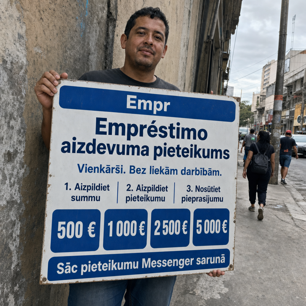 Direct Empréstimo ad creative for Empréstimo. Use this campaign angle: Vienkāršs pieteikums bez liekām darbībām. Keep the offer promise about Campanha focada em conversao para Empréstimo. Stay strictly about Empréstimo; do not turn it into an adjacent app, education topic, generic tool, or broad category-management message unless the offer explicitly says so. Creative direction: Veido Messenger reklāmas radošo virzienu latviešu valodā. Piedāvājums ir aizdevuma pieteikums, tāpēc vizuāli un tekstā uzsver vienkāršu pieteikšanos, skaidru procesu un tiešu darbību. Lieto īsus, d...