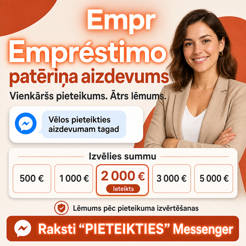 Direct Empréstimo ad creative for Empréstimo. Use this campaign angle: Ātrs lēmums un skaidrs nākamais solis. Keep the offer promise about Campanha focada em conversao para Empréstimo. Stay strictly about Empréstimo; do not turn it into an adjacent app, education topic, generic tool, or broad category-management message unless the offer explicitly says so. Creative direction: Izveido Messenger sales kampaņu latviešu valodā Latvijas tirgum, kas pārdod patēriņa aizdevumu kā tiešu finanšu produktu cilvēkiem, kuri vēlas pieteikties tagad. Galvenais vēstījums: vienkārša aizd...