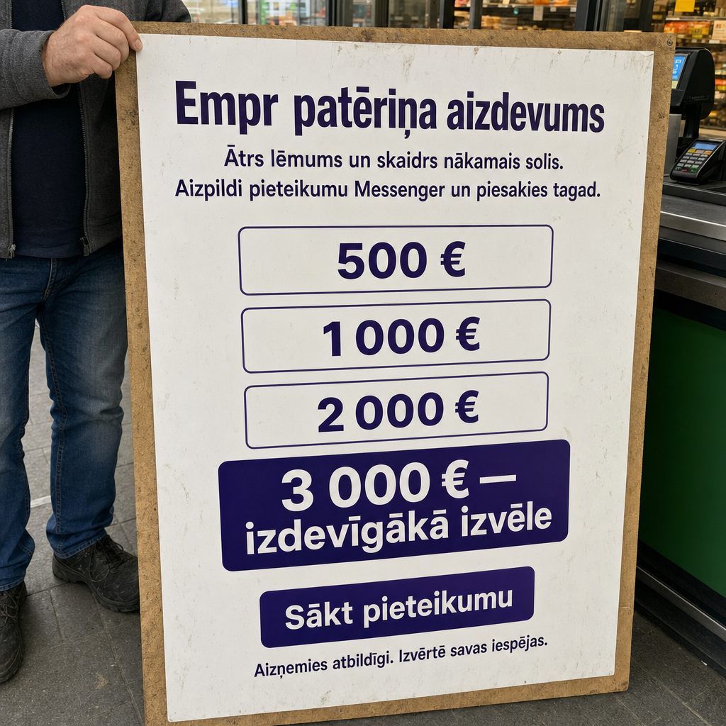 Direct Empréstimo ad creative for Empréstimo. Use this campaign angle: Ātrs lēmums un skaidrs nākamais solis. Keep the offer promise about Campanha focada em conversao para Empréstimo. Stay strictly about Empréstimo; do not turn it into an adjacent app, education topic, generic tool, or broad category-management message unless the offer explicitly says so. Creative direction: Izveido Messenger sales kampaņu latviešu valodā Latvijas tirgum, kas pārdod patēriņa aizdevumu kā tiešu finanšu produktu cilvēkiem, kuri vēlas pieteikties tagad. Galvenais vēstījums: vienkārša aizd...