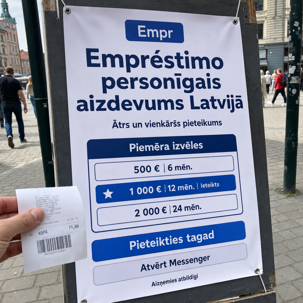 Direct Empréstimo ad creative for Empréstimo. Use this campaign angle: Ātrs un vienkāršs personīgā aizdevuma pieteikums. Keep the offer promise about Campanha focada em conversao para Empréstimo. Stay strictly about Empréstimo; do not turn it into an adjacent app, education topic, generic tool, or broad category-management message unless the offer explicitly says so. Creative direction: Veido Messenger reklāmas virzienu latviešu valodā Latvijas tirgum, fokusējoties uz personīgo aizdevumu kā tūlītēju, saprotamu produktu cilvēkiem, kuri vēlas pieteikties tagad. Prioritāte ir vienkār...