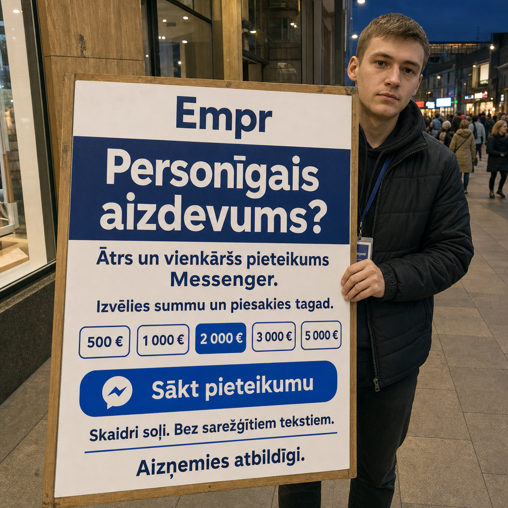 Direct Empréstimo ad creative for Empréstimo. Use this campaign angle: Ātrs un vienkāršs personīgā aizdevuma pieteikums. Keep the offer promise about Campanha focada em conversao para Empréstimo. Stay strictly about Empréstimo; do not turn it into an adjacent app, education topic, generic tool, or broad category-management message unless the offer explicitly says so. Creative direction: Veido Messenger reklāmas virzienu latviešu valodā Latvijas tirgum, fokusējoties uz personīgo aizdevumu kā tūlītēju, saprotamu produktu cilvēkiem, kuri vēlas pieteikties tagad. Prioritāte ir vienkār...