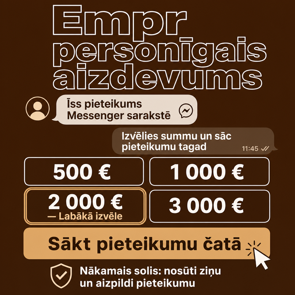 Direct Empréstimo ad creative for Empréstimo. Use this campaign angle: Īss tiešsaistes pieteikums ar skaidru nākamo soli. Keep the offer promise about Campanha focada em conversao para Empréstimo. Stay strictly about Empréstimo; do not turn it into an adjacent app, education topic, generic tool, or broad category-management message unless the offer explicitly says so. Creative direction: Izveido Messenger reklāmas radošo virzienu Latvijas auditorijai latviešu valodā, kas tieši pārdod personīgo aizdevumu. Fokusē uz vienkāršu un ātru pieteikšanos sarakstē, skaidru darbību un tūlītēju...