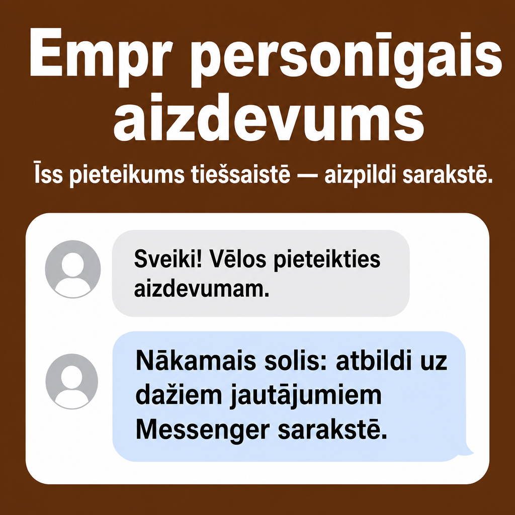 Direct Empréstimo ad creative for Empréstimo. Use this campaign angle: Īss tiešsaistes pieteikums ar skaidru nākamo soli. Keep the offer promise about Campanha focada em conversao para Empréstimo. Stay strictly about Empréstimo; do not turn it into an adjacent app, education topic, generic tool, or broad category-management message unless the offer explicitly says so. Creative direction: Izveido Messenger reklāmas radošo virzienu Latvijas auditorijai latviešu valodā, kas tieši pārdod personīgo aizdevumu. Fokusē uz vienkāršu un ātru pieteikšanos sarakstē, skaidru darbību un tūlītēju...