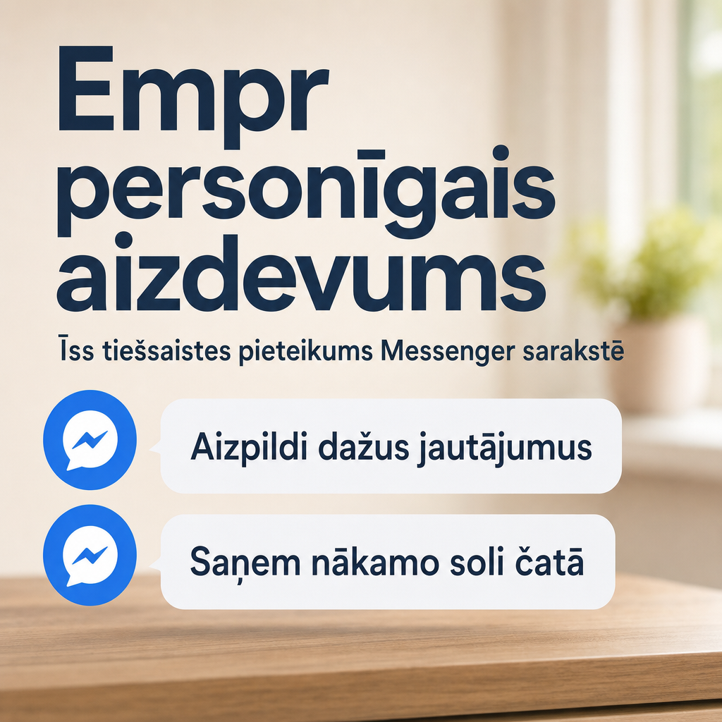 Direct Empréstimo ad creative for Empréstimo. Use this campaign angle: Īss tiešsaistes pieteikums ar skaidru nākamo soli. Keep the offer promise about Campanha focada em conversao para Empréstimo. Stay strictly about Empréstimo; do not turn it into an adjacent app, education topic, generic tool, or broad category-management message unless the offer explicitly says so. Creative direction: Izveido Messenger reklāmas radošo virzienu Latvijas auditorijai latviešu valodā, kas tieši pārdod personīgo aizdevumu. Fokusē uz vienkāršu un ātru pieteikšanos sarakstē, skaidru darbību un tūlītēju...