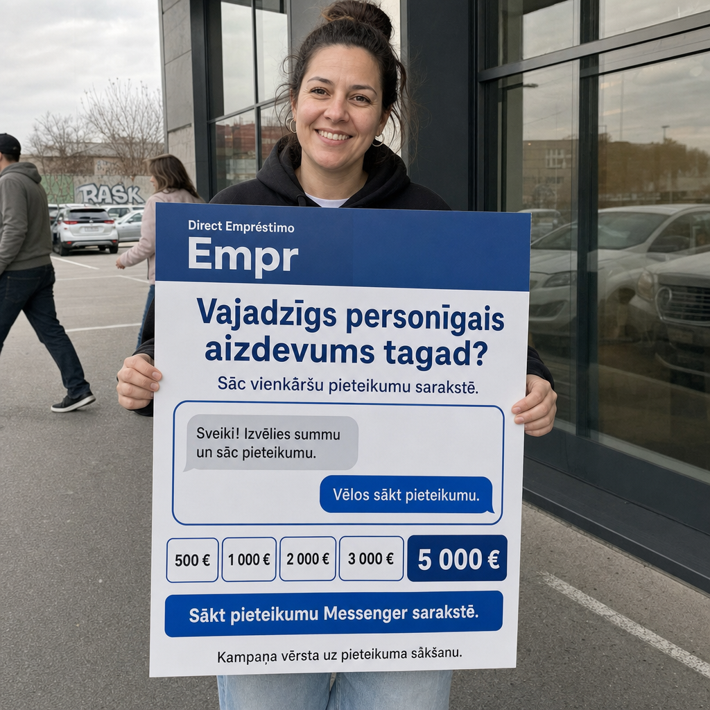 Direct Empréstimo ad creative for Empréstimo. Use this campaign angle: Vienkāršs personīgā aizdevuma pieteikums sarakstē. Keep the offer promise about Campanha focada em conversao para Empréstimo. Stay strictly about Empréstimo; do not turn it into an adjacent app, education topic, generic tool, or broad category-management message unless the offer explicitly says so. Creative direction: Veido Messenger reklāmas radošo virzienu latviešu valodā Latvijas auditorijai, kas meklē personīgo aizdevumu tagad. Fokuss: ātrs, saprotams pieteikšanās process sarakstē, kas ved uz pieteikuma sākš...