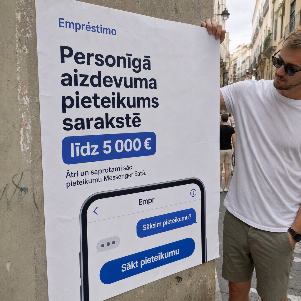 Direct Empréstimo ad creative for Empréstimo. Use this campaign angle: Vienkāršs personīgā aizdevuma pieteikums sarakstē. Keep the offer promise about Campanha focada em conversao para Empréstimo. Stay strictly about Empréstimo; do not turn it into an adjacent app, education topic, generic tool, or broad category-management message unless the offer explicitly says so. Creative direction: Veido Messenger reklāmas radošo virzienu latviešu valodā Latvijas auditorijai, kas meklē personīgo aizdevumu tagad. Fokuss: ātrs, saprotams pieteikšanās process sarakstē, kas ved uz pieteikuma sākš...
