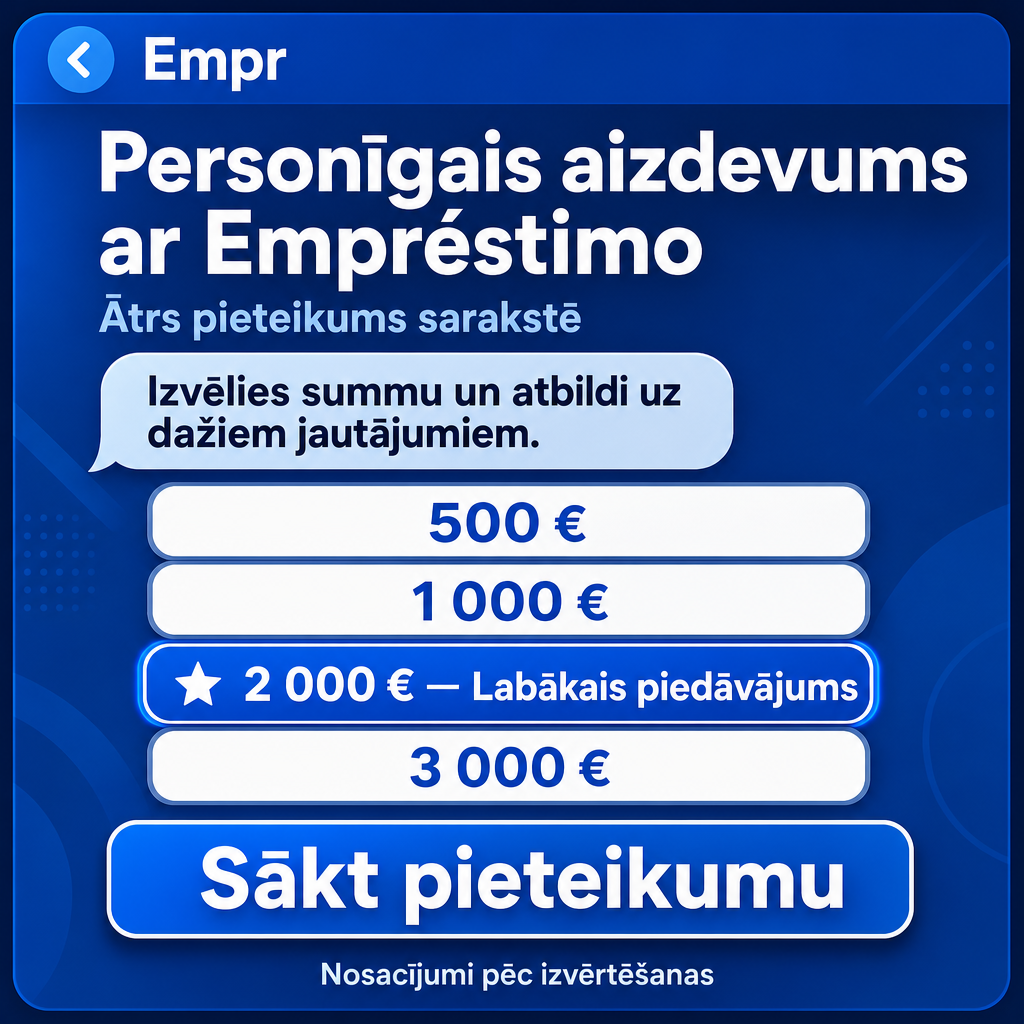Direct Empréstimo ad creative for Empréstimo. Use this campaign angle: Vienkāršs personīgā aizdevuma pieteikums sarakstē. Keep the offer promise about Campanha focada em conversao para Empréstimo. Stay strictly about Empréstimo; do not turn it into an adjacent app, education topic, generic tool, or broad category-management message unless the offer explicitly says so. Creative direction: Veido Messenger reklāmas radošo virzienu latviešu valodā Latvijas auditorijai, kas meklē personīgo aizdevumu tagad. Fokuss: ātrs, saprotams pieteikšanās process sarakstē, kas ved uz pieteikuma sākš...