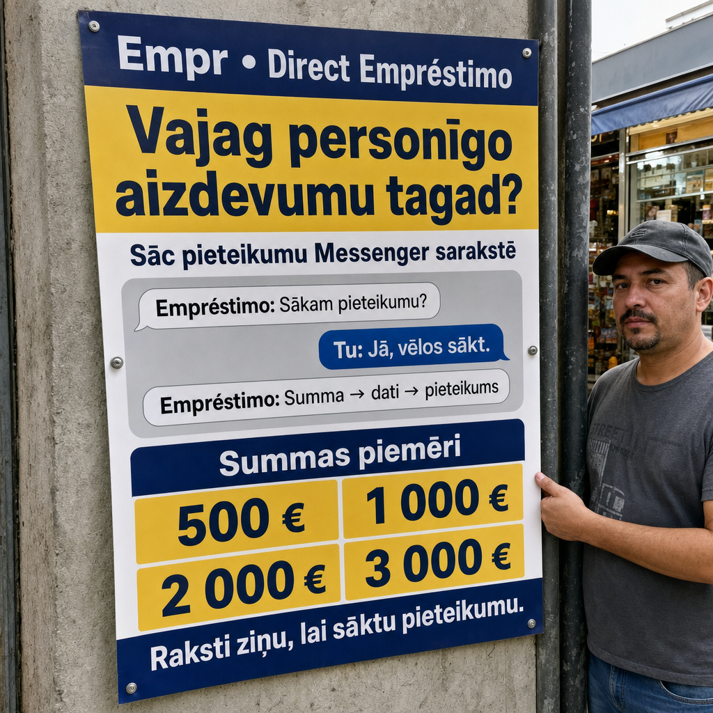 Direct Empréstimo ad creative for Empréstimo. Use this campaign angle: Vienkāršs personīgā aizdevuma pieteikums sarakstē. Keep the offer promise about Campanha focada em conversao para Empréstimo. Stay strictly about Empréstimo; do not turn it into an adjacent app, education topic, generic tool, or broad category-management message unless the offer explicitly says so. Creative direction: Veido Messenger reklāmas radošo virzienu latviešu valodā Latvijas auditorijai, kas meklē personīgo aizdevumu tagad. Fokuss: ātrs, saprotams pieteikšanās process sarakstē, kas ved uz pieteikuma sākš...