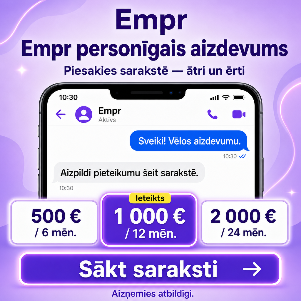 Direct Empréstimo ad creative for Empréstimo. Use this campaign angle: Ērts personīgā aizdevuma pieteikums sarakstē. Keep the offer promise about Campanha focada em conversao para Empréstimo. Stay strictly about Empréstimo; do not turn it into an adjacent app, education topic, generic tool, or broad category-management message unless the offer explicitly says so. Creative direction: Izveido Messenger reklāmu Latvijas auditorijai latviešu valodā, kas tieši pārdod personīgo aizdevumu. Fokuss ir uz vienkāršu pieteikšanos sarakstē un skaidru aicinājumu rīkoties. Vizualizācijās izm...