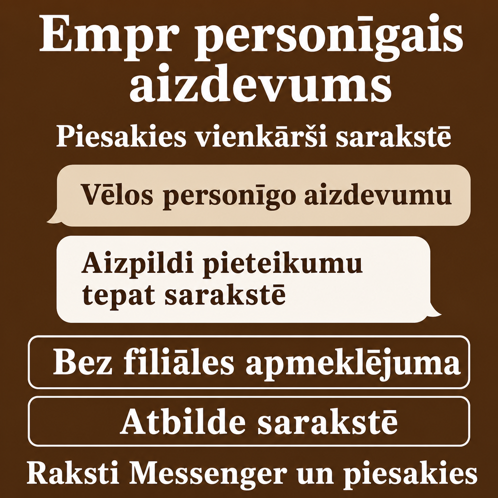 Direct Empréstimo ad creative for Empréstimo. Use this campaign angle: Ērts personīgā aizdevuma pieteikums sarakstē. Keep the offer promise about Campanha focada em conversao para Empréstimo. Stay strictly about Empréstimo; do not turn it into an adjacent app, education topic, generic tool, or broad category-management message unless the offer explicitly says so. Creative direction: Izveido Messenger reklāmu Latvijas auditorijai latviešu valodā, kas tieši pārdod personīgo aizdevumu. Fokuss ir uz vienkāršu pieteikšanos sarakstē un skaidru aicinājumu rīkoties. Vizualizācijās izm...