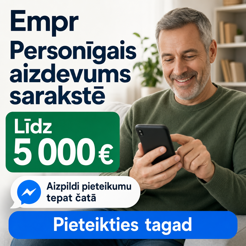 Direct Empréstimo ad creative for Empréstimo. Use this campaign angle: Ērts personīgā aizdevuma pieteikums sarakstē. Keep the offer promise about Campanha focada em conversao para Empréstimo. Stay strictly about Empréstimo; do not turn it into an adjacent app, education topic, generic tool, or broad category-management message unless the offer explicitly says so. Creative direction: Izveido Messenger reklāmu Latvijas auditorijai latviešu valodā, kas tieši pārdod personīgo aizdevumu. Fokuss ir uz vienkāršu pieteikšanos sarakstē un skaidru aicinājumu rīkoties. Vizualizācijās izm...