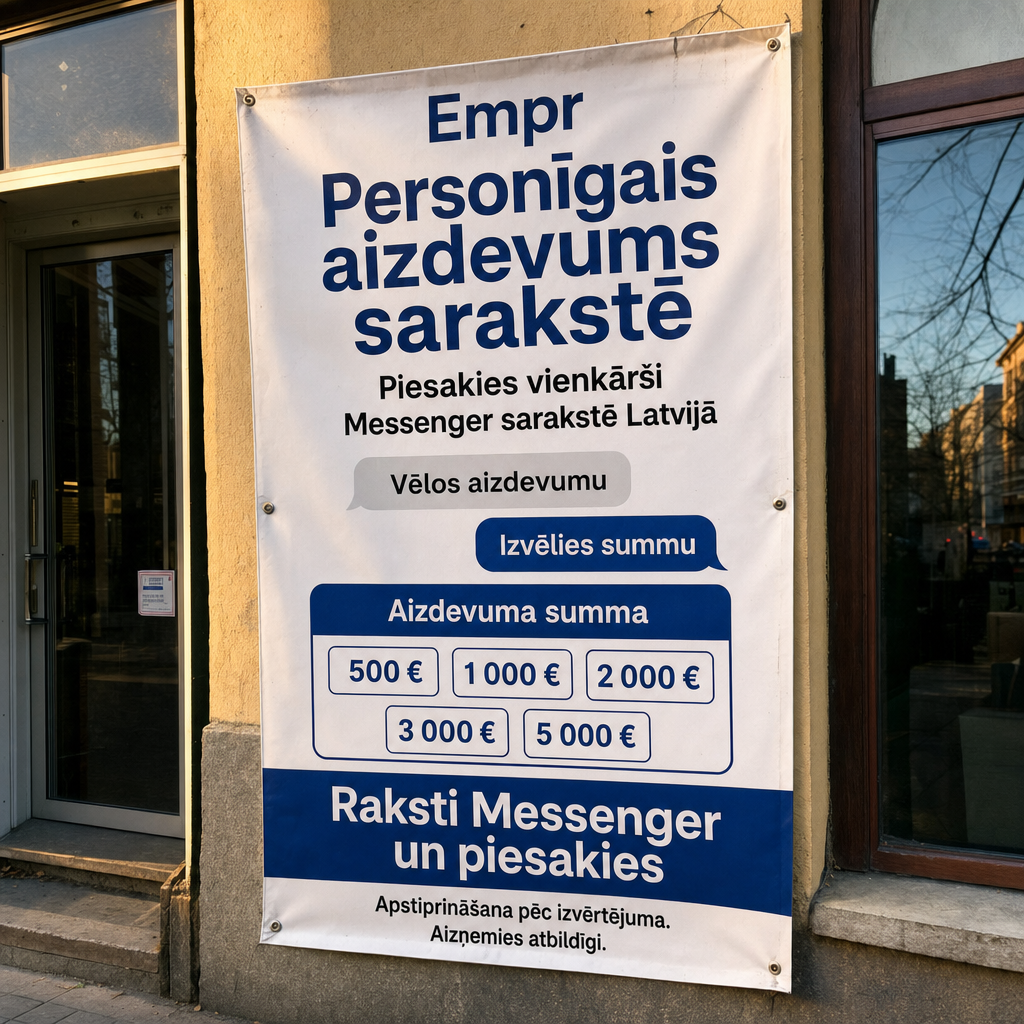 Direct Empréstimo ad creative for Empréstimo. Use this campaign angle: Ērts personīgā aizdevuma pieteikums sarakstē. Keep the offer promise about Campanha focada em conversao para Empréstimo. Stay strictly about Empréstimo; do not turn it into an adjacent app, education topic, generic tool, or broad category-management message unless the offer explicitly says so. Creative direction: Izveido Messenger reklāmu Latvijas auditorijai latviešu valodā, kas tieši pārdod personīgo aizdevumu. Fokuss ir uz vienkāršu pieteikšanos sarakstē un skaidru aicinājumu rīkoties. Vizualizācijās izm...