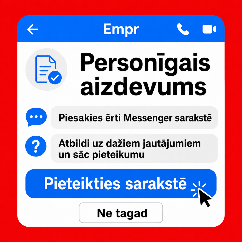 Direct Empréstimo ad creative for Empréstimo. Use this campaign angle: Ērts personīgā aizdevuma pieteikums sarakstē. Keep the offer promise about Campanha focada em conversao para Empréstimo. Stay strictly about Empréstimo; do not turn it into an adjacent app, education topic, generic tool, or broad category-management message unless the offer explicitly says so. Creative direction: Izveido Messenger reklāmu Latvijas auditorijai latviešu valodā, kas tieši pārdod personīgo aizdevumu. Fokuss ir uz vienkāršu pieteikšanos sarakstē un skaidru aicinājumu rīkoties. Vizualizācijās izm...