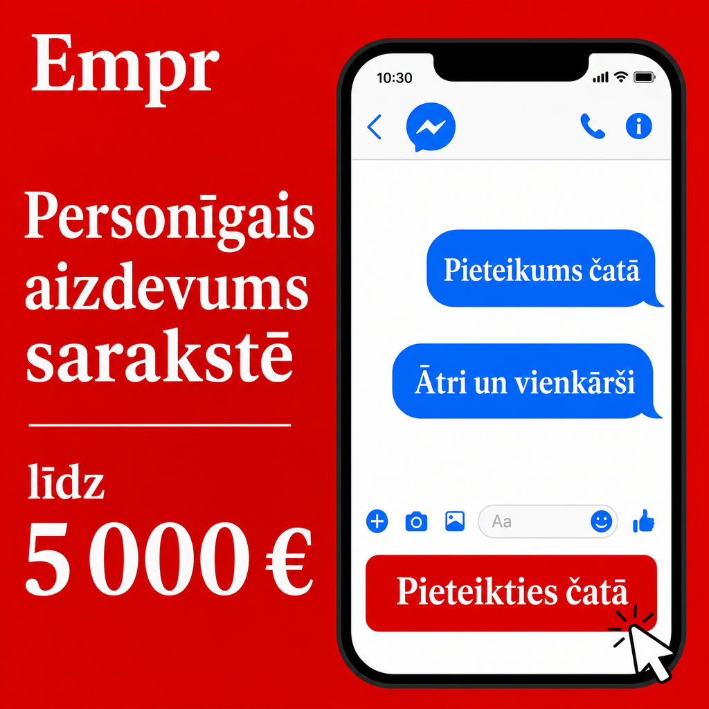 Direct Empréstimo ad creative for Empréstimo. Use this campaign angle: Ērts personīgā aizdevuma pieteikums sarakstē. Keep the offer promise about Campanha focada em conversao para Empréstimo. Stay strictly about Empréstimo; do not turn it into an adjacent app, education topic, generic tool, or broad category-management message unless the offer explicitly says so. Creative direction: Izveido Messenger reklāmu Latvijas auditorijai latviešu valodā, kas tieši pārdod personīgo aizdevumu. Fokuss ir uz vienkāršu pieteikšanos sarakstē un skaidru aicinājumu rīkoties. Vizualizācijās izm...