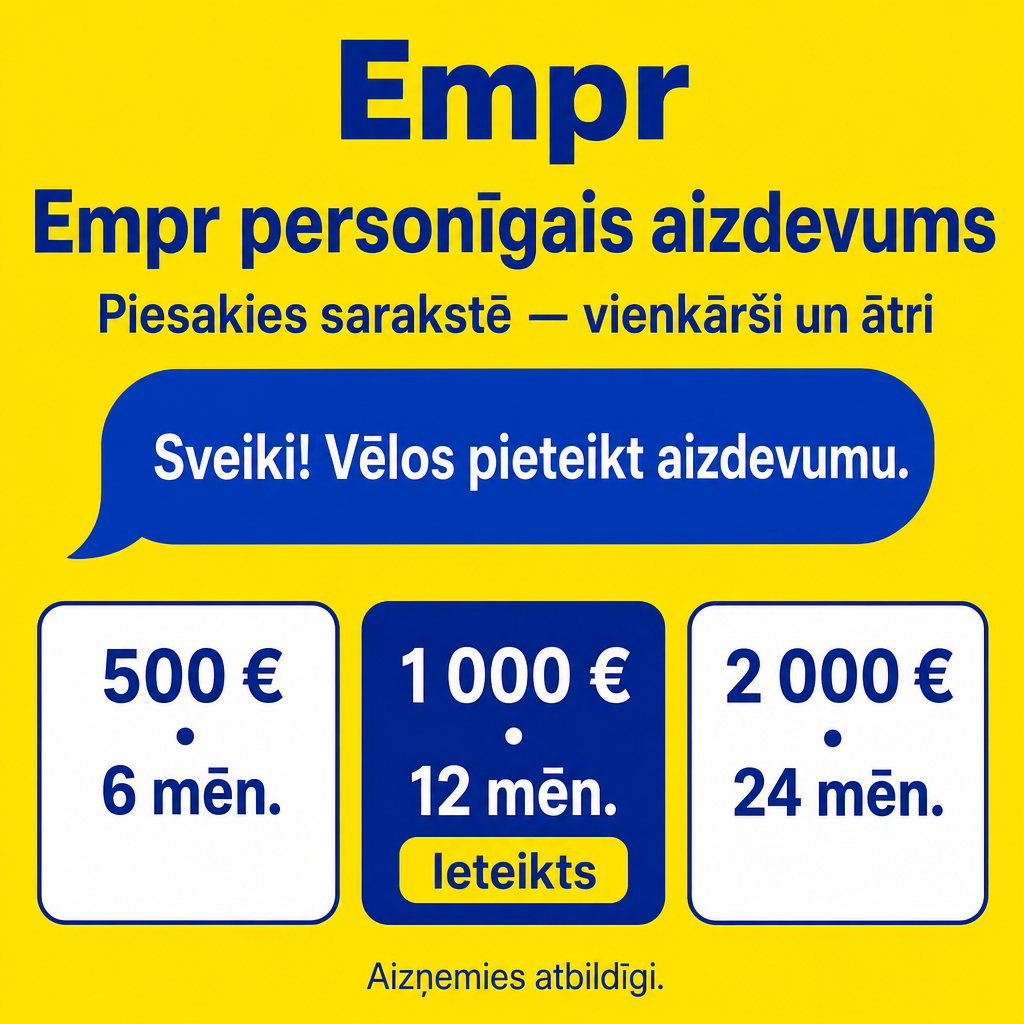 Direct Empréstimo ad creative for Empréstimo. Use this campaign angle: Ērts personīgā aizdevuma pieteikums sarakstē. Keep the offer promise about Campanha focada em conversao para Empréstimo. Stay strictly about Empréstimo; do not turn it into an adjacent app, education topic, generic tool, or broad category-management message unless the offer explicitly says so. Creative direction: Izveido Messenger reklāmu Latvijas auditorijai latviešu valodā, kas tieši pārdod personīgo aizdevumu. Fokuss ir uz vienkāršu pieteikšanos sarakstē un skaidru aicinājumu rīkoties. Vizualizācijās izm...